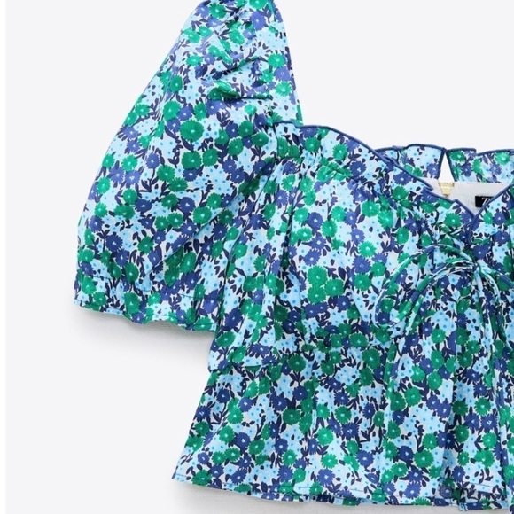 Zara Womens Small Ditsy Floral Puff Sleeve Crop Blouse Exposed Zip Back Cotton - Picture 3 of 6